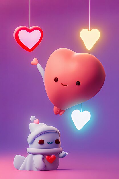 Lamps with glowing hearts Background for valentine love with Character Cartoon