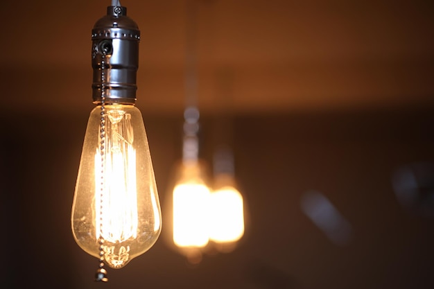 Lamps with tungsten filament. Edison light bulb. Filament filament in vintage lamps. Retro design of light bulbs.