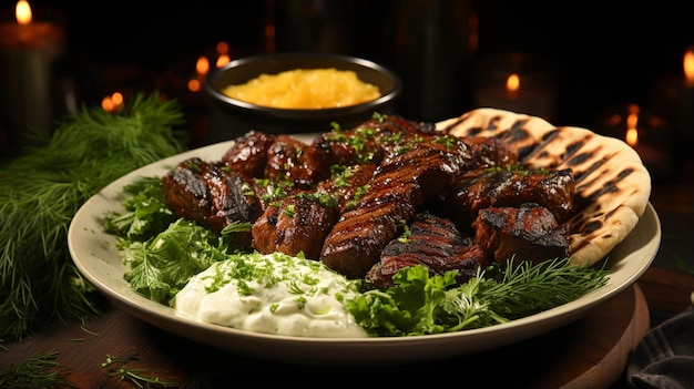 Lamslyulya kebab met pitabroodje in een bord op groene kleur achtergrond