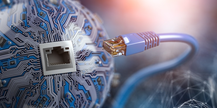Photo lan network connection ethernet cable with computer chip as sphere.. 3d illustration
