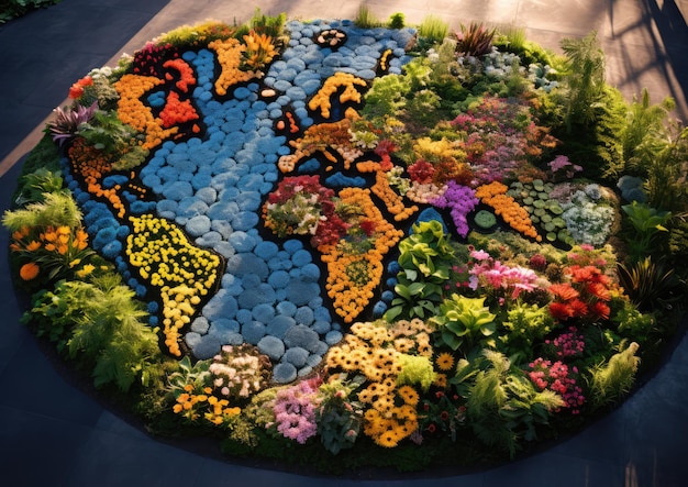 Лэнд-арт-инсталляция с крупномасштабной картой, высеченной на земле, с яркими цветами и