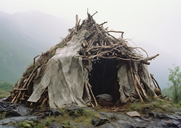 天然素材で作られたホーボー族の一時的な避難所の土地芸術にインスピレーションを得た写真