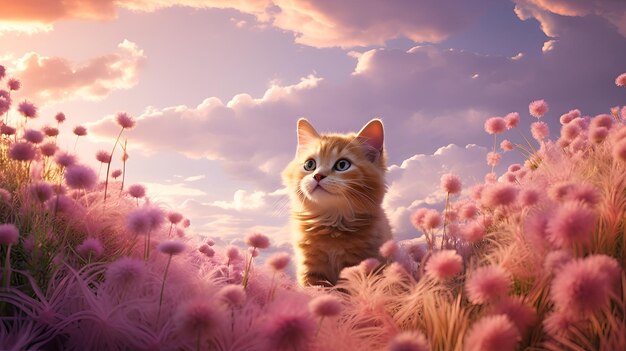 Photo land covered in wild grass and with cats generated ai