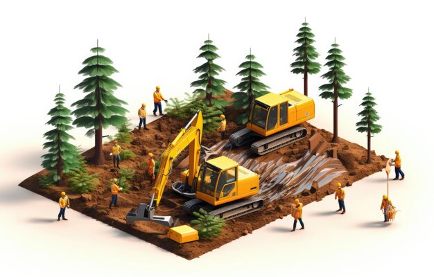 Photo land development concept backhoe clearing in forest isometric and enginneer working with worker minimalist