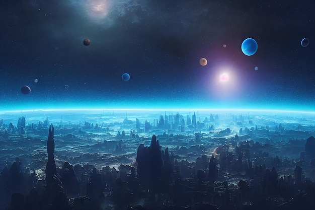 The Land of a dream city in outer space concept art illustration