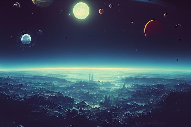 The land of dream city in outer space with futurist planets illustration