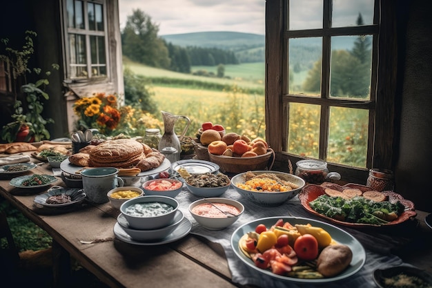 Land feest een overvloedige tafel van zelfgemaakte voedsel generatieve IA