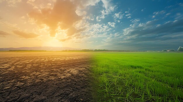 Land met droge en gebarsten grond en groene velden woestijn achtergrond van opwarming van de aarde