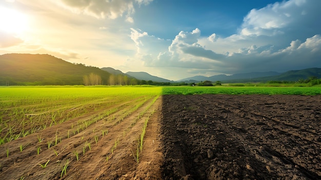 Land met droge en gebarsten grond en groene velden woestijn achtergrond van opwarming van de aarde