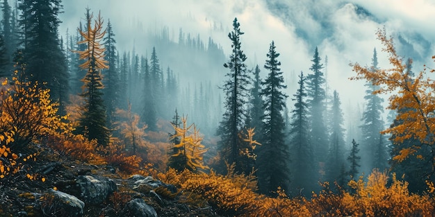 the land of pine trees rain forest mist autumn fog