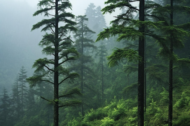 The land of pine trees rain forest mist autumn fog