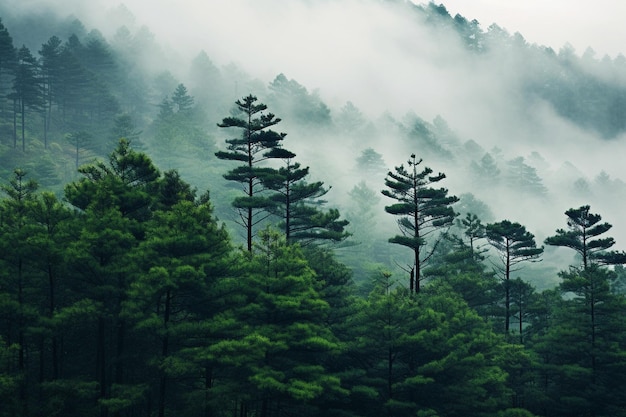 The land of pine trees rain forest mist autumn fog