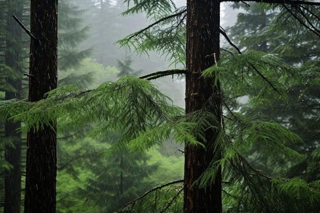 The land of pine trees rain forest mist autumn fog