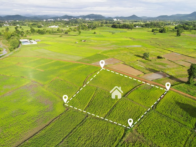 Land plot for building house aerial view land field with pins pin location for housing subdivision residential development owned sale rent buy or investment home or house expand the city suburb