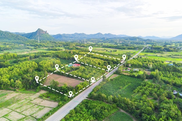 Land plot for building house aerial view land field with pins pin location for housing subdivision residential development owned sale rent buy or investment home or house expand the city suburb