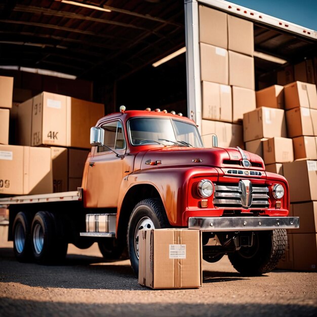 Photo land road logistics and cargo delivery shown with truck surrounded by cardboard packing boxes