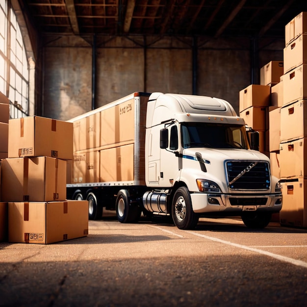 Сухопутная логистика и доставка грузов показаны с грузовиком, окруженным картонными упаковочными коробками