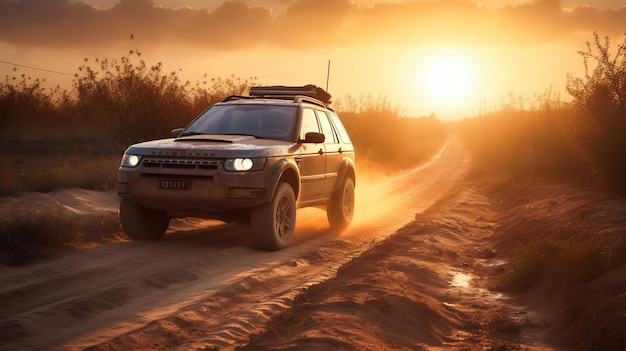 A land rover is driving on a dirt road at sunset.