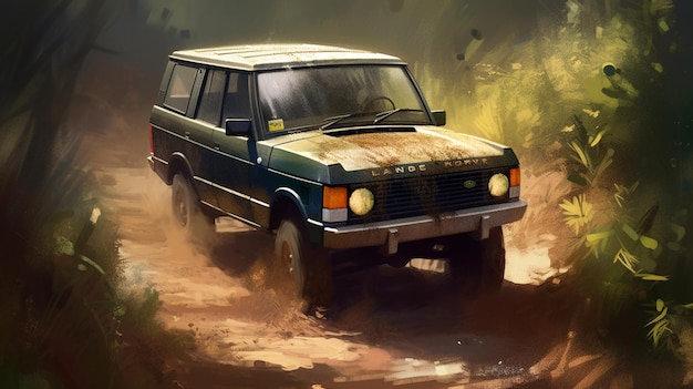 A land rover is driving on a dirt road.