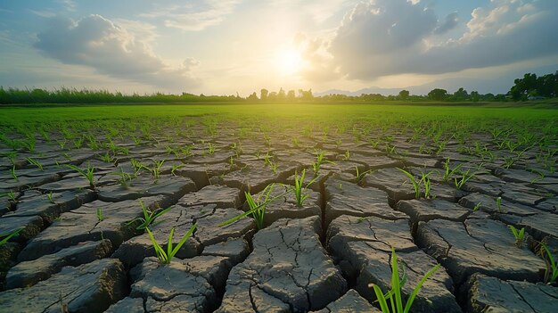 Land with dry and cracked ground and green field Desert Global warming background