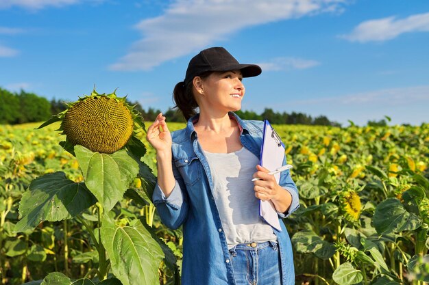 Landarbeider vrouw met werkmap in groen zonnebloemveld