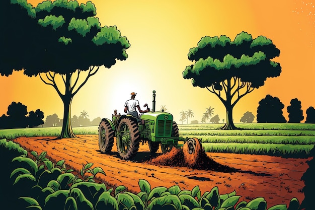 Landarbeiders die een tractor gebruiken om zaailingen in het veld te zaaien