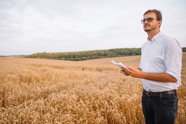 Landbouw, boer of agronoom inspecteren de kwaliteit van tarwe in het veld klaar om te oogsten