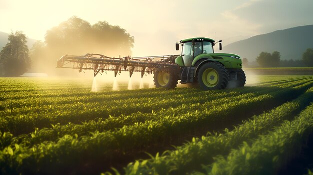 Landbouw tractor bespuiten van planten in een veld