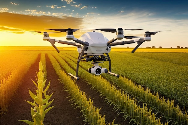 Landbouw van de 20e eeuw met gebruik van een agronoom-drone voor het planten en oogsten van gewassen