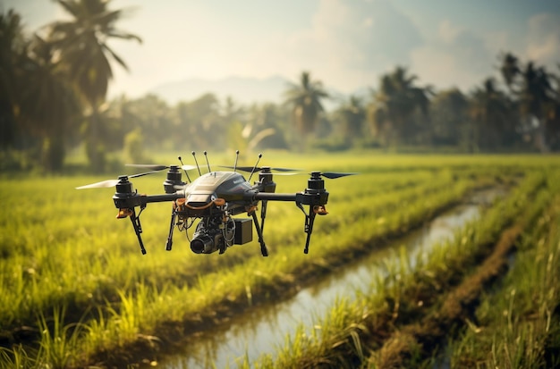 Landbouwdrone vliegt op rijstboerderij om AI Generative te bemesten