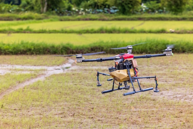 Landbouwdrones vliegen over rijstvelden om kunstmest te strooien, Hoge resolutie foto's van industriële drones die chemicaliën sproeien op rijstvelden en velden