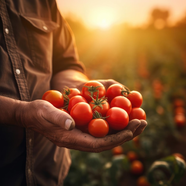 Landbouwer die verse tomaten houdt bij zonsondergang Generatieve AI