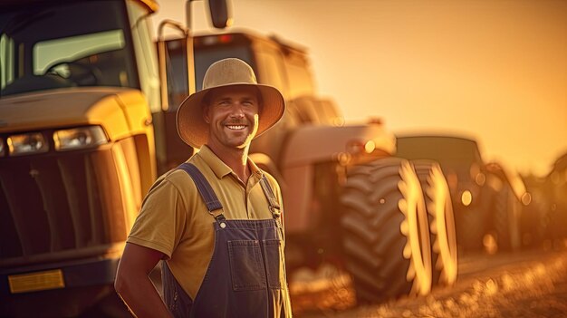 Foto landbouwer portret van een gelukkige boer die naast een tractor of een maaidorser staat in de maïsveldlandbouw generatieve ai