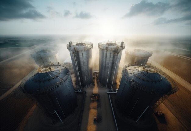 Landbouwgraansilo's in het veld, luchtbeeld, wijdhoek