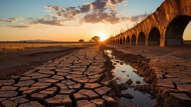 Landbouwkanaal dat dor en onvruchtbaar is geworden als gevolg van langdurige droogte en hittegolven