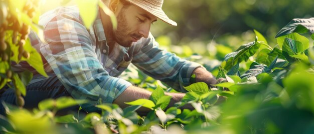 Landbouwkundige inspecteert de sojaopbrengst op een veld Landbouwproductieconcept Jonge landbouwkundige onderzoekt de sojaopbraak in de zomer Boer op een sojaveld