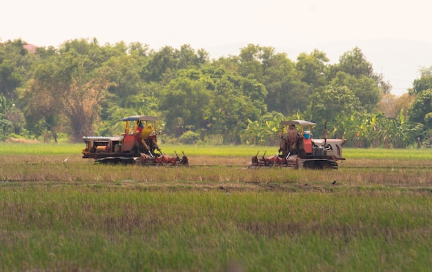 Landbouwlandbouwgrond, tractor met ploeg die een grondgebied ploegt