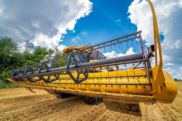 Landbouwproces in het veld. Tarweveld en geel combineren. Oogstproces.