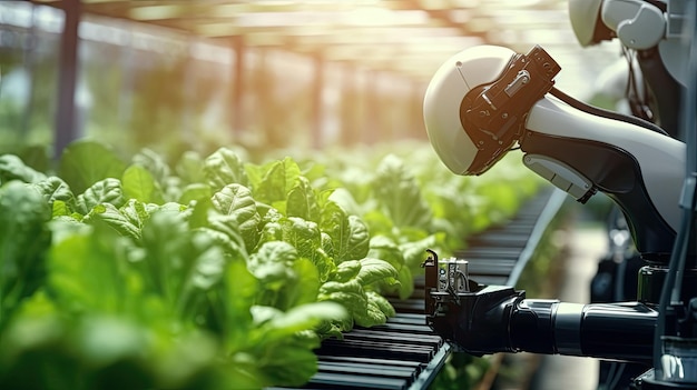 Landbouwrobot die werkt in een slimme boerderij Toekomstige technologie met een slim landbouwlandbouwconcept