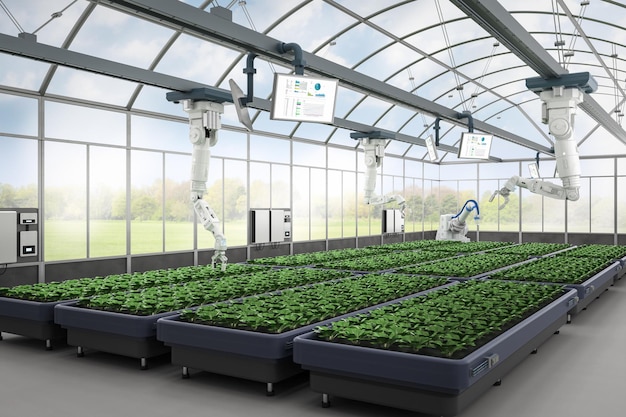 Foto landbouwtechnologie met robotassistent in een indoor boerderij of kas