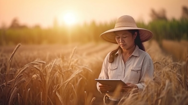 Landbouwtechnologie Om landbouw en generatieve AI te onderzoeken, houdt een boerin een tabletcomputer vast