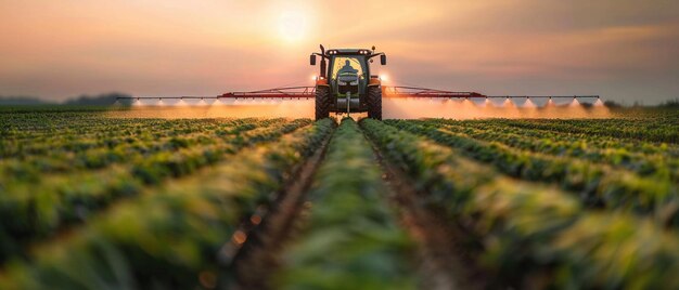 Landbouwtraktor die pesticiden bespuit op sojabonen bij zonsondergang