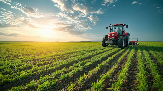 Landbouwtraktor die planten in een veld bespuit