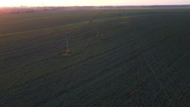 Landbouwvelden groene agro-industriële installaties en hoogspanningskabels