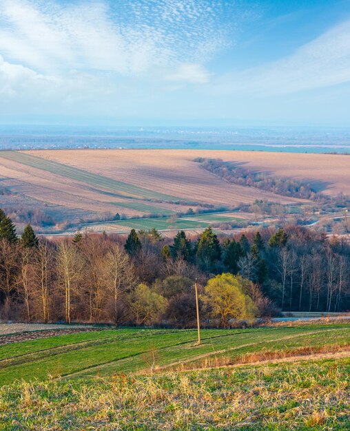 Landelijk landschap in de lenteochtend met omgeploegde landbouwvelden op heuvels, bomen en bosjes in valleien Akkerbouw en groeilandbouwgronden