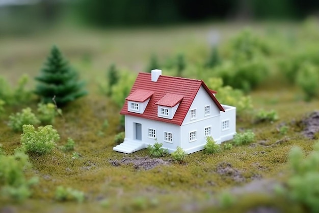 Foto landelijk landschap veld compositie klein wit huis met rood dak in het groene dorp