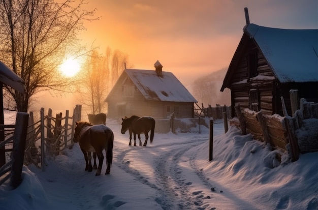 Landelijk winterlandschap dorpshuis Genereer Ai