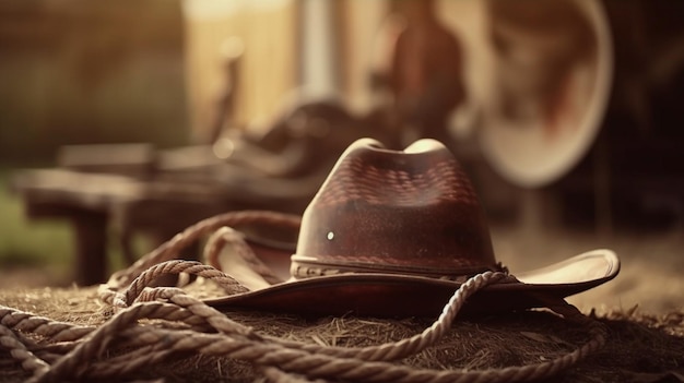 Landelijke achtergrond met close-up cowboyhoed en touw Rustieke buitenachtergrond met wazig paard Generatieve AI
