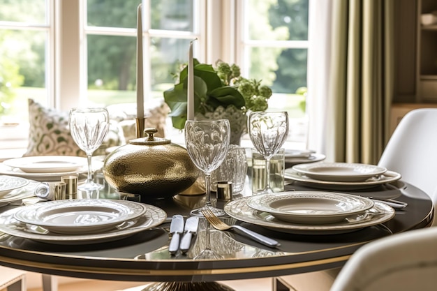 Landelijke eetkamerinrichting interieurontwerp en huisverbetering elegante tafel met stoelen meubels en interieur cottage-stijl generatieve ai