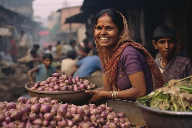 Landelijke Indiase vrouw in traditionele saree op de groentemarkt